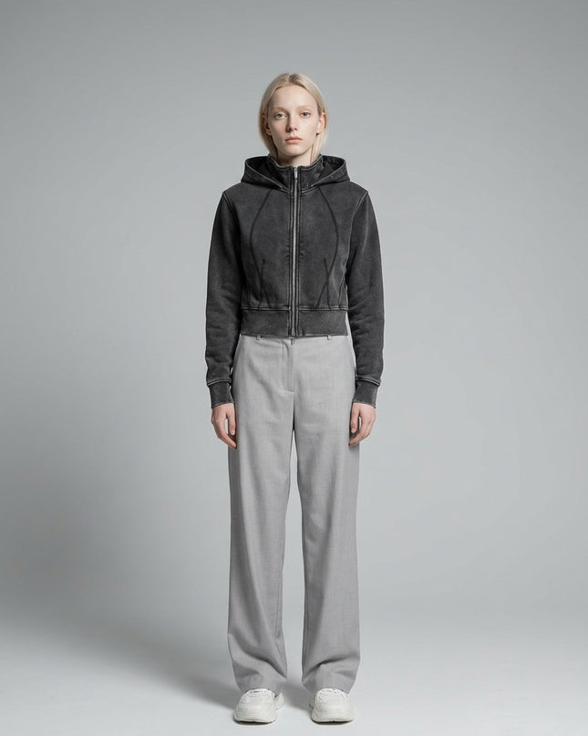 Full body view of the model wearing DROP 003 / Vintage Washed Cropped Fleece Hoodie