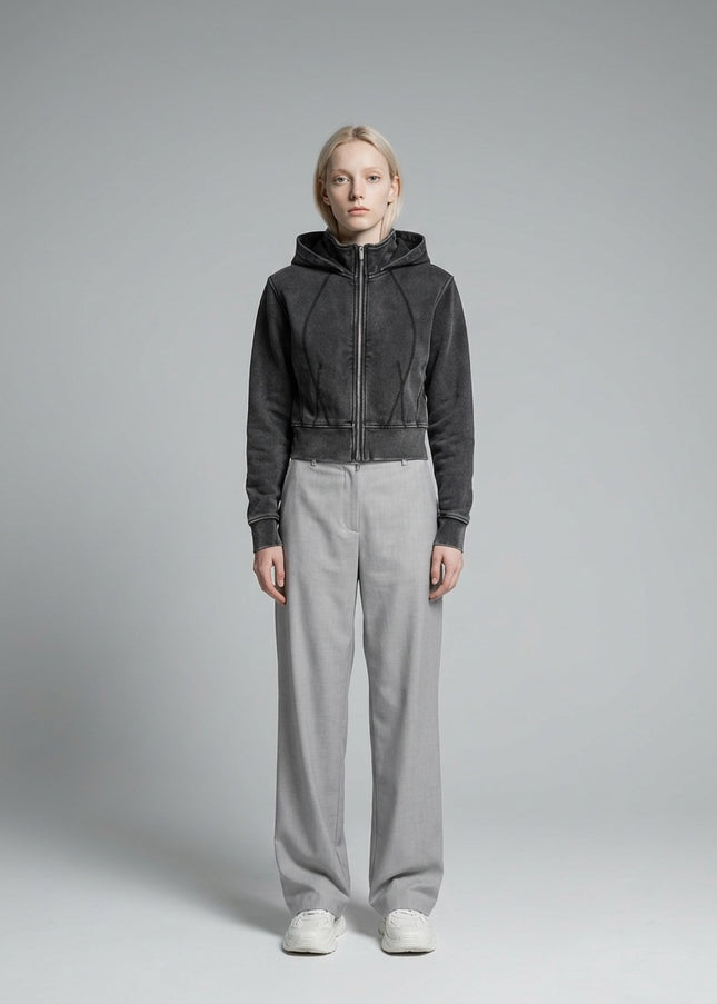 Full body view of the model wearing DROP 003 / Vintage Washed Cropped Fleece Hoodie