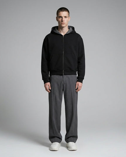 Full body view of the model wearing Contrast Plaid Boxy Zip Hoodie