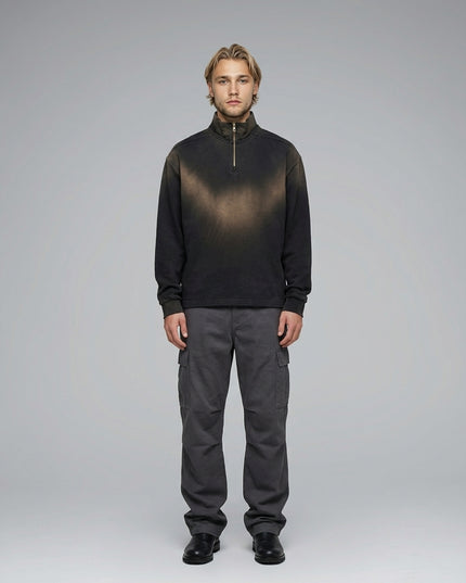 Full body view of the model wearing Sun Fade Raw Edge Quarter-Zip Sweatshirt