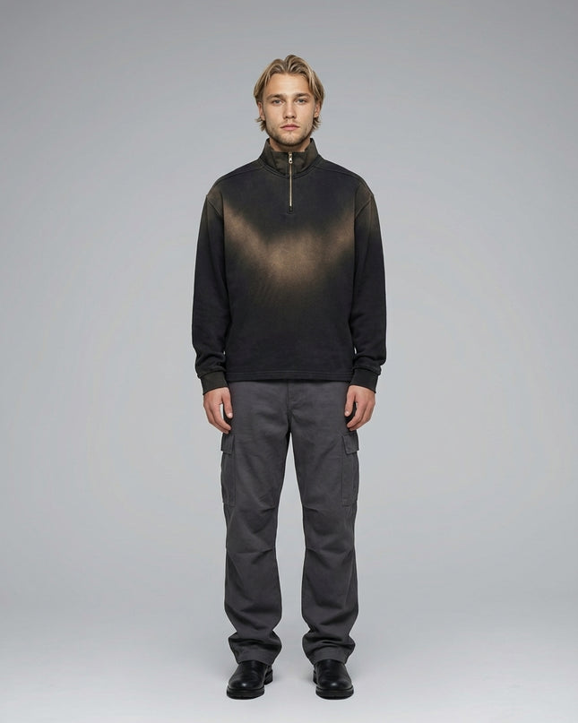 Full body view of the model wearing Sun Fade Raw Edge Quarter-Zip Sweatshirt