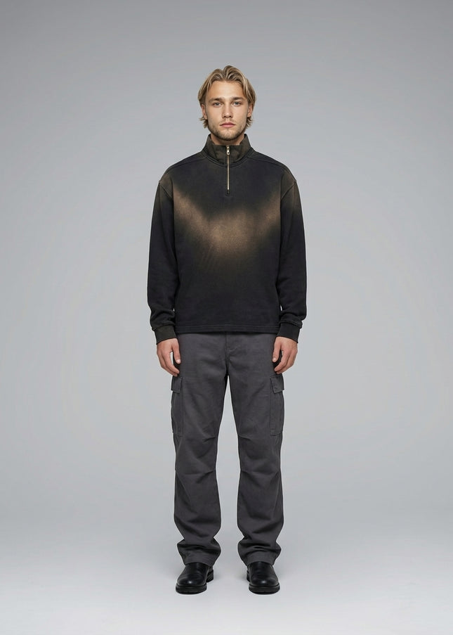 Full body view of the model wearing Sun Fade Raw Edge Quarter-Zip Sweatshirt