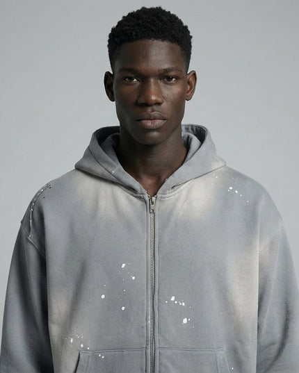 Close-up of the model wearing Sun Fade Frayed Raw Edge Fleece Zip Hoodie