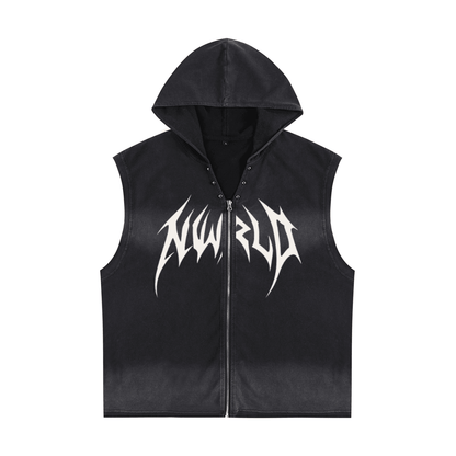 DARK MODE x METAL MANIA / Vintage Washed Zip-Up Hooded Tank Top - NWRLD CLOTHING