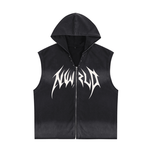 DARK MODE x METAL MANIA / Vintage Washed Zip-Up Hooded Tank Top - NWRLD CLOTHING