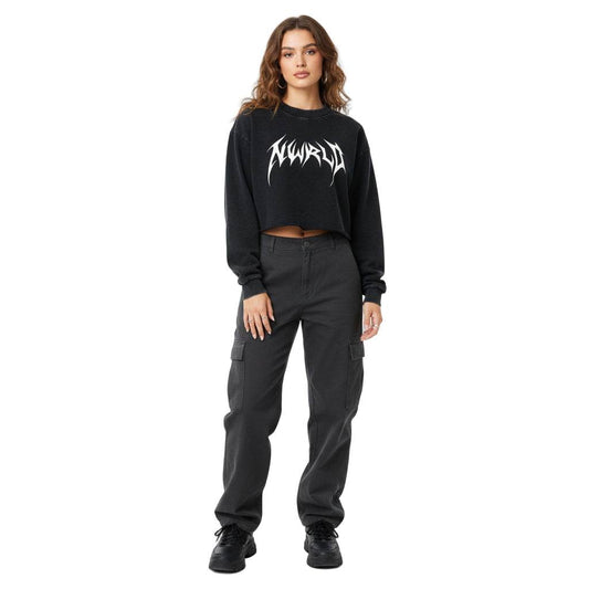 DARK MODE x METAL MANIA / Snow Washed Raw Edge Cropped Sweatshirt - NWRLD CLOTHING