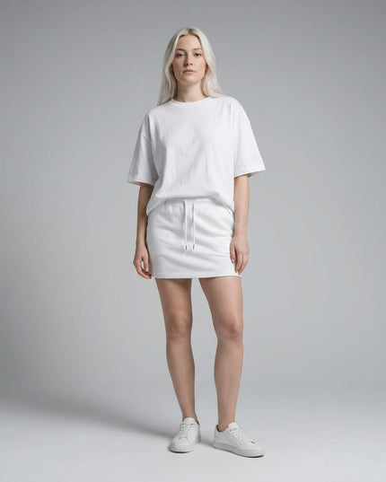 Full body view of the model wearing Essential Drawstring Skirt