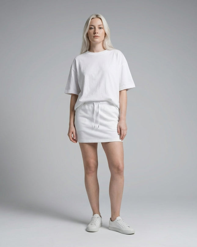 Full body view of the model wearing Essential Drawstring Skirt