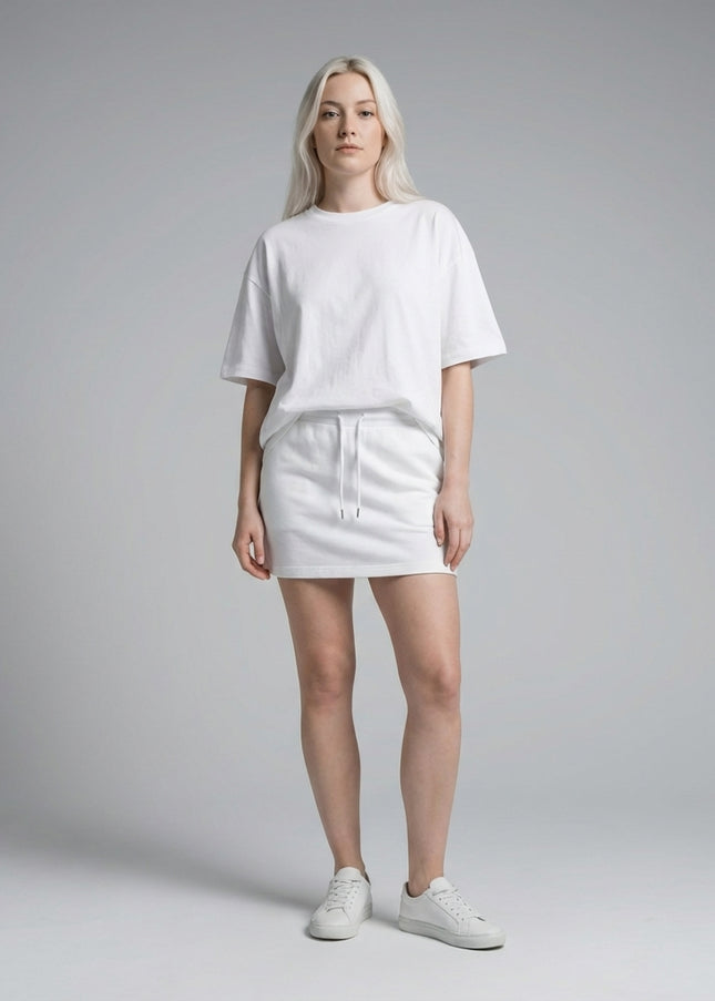 Full body view of the model wearing Essential Drawstring Skirt