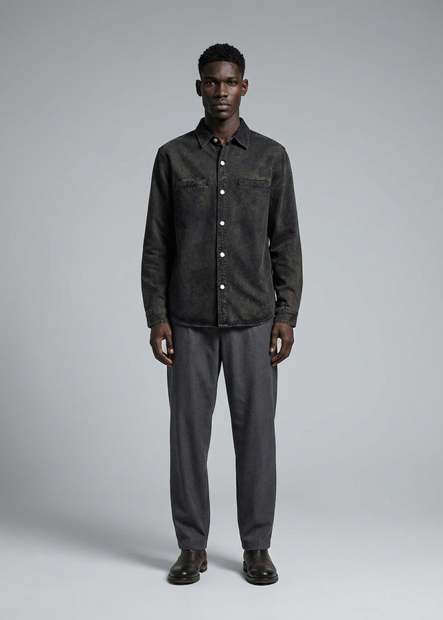 Full body view of the model wearing Denim Vintage Washed Heavyweight Jacket