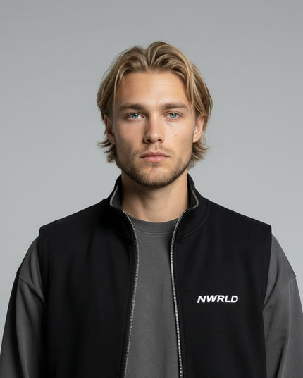 Close-up of the model wearing Essential Heavyweight Vest