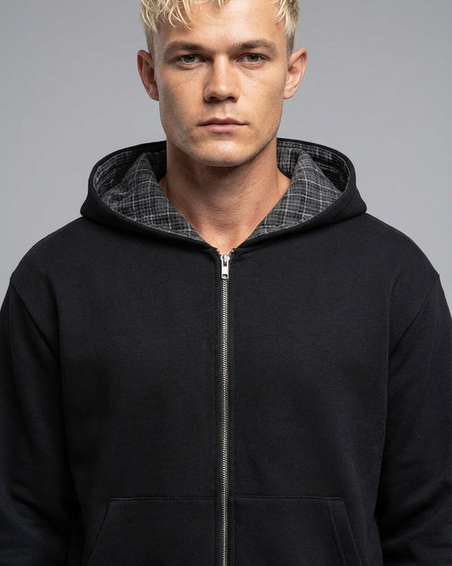 Close-up of the model wearing Contrast Plaid Boxy Zip Hoodie