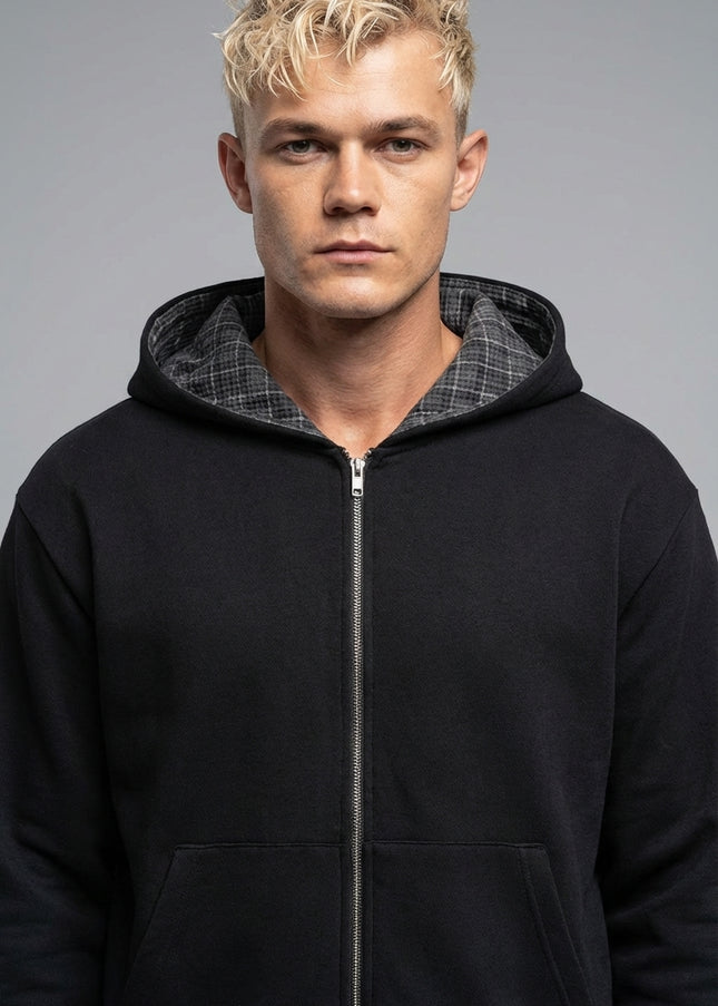 Close-up of the model wearing Contrast Plaid Boxy Zip Hoodie