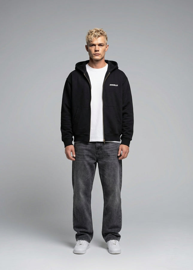 Full body view of the model wearing Essential Oversized Fleece Boxy Hoodie