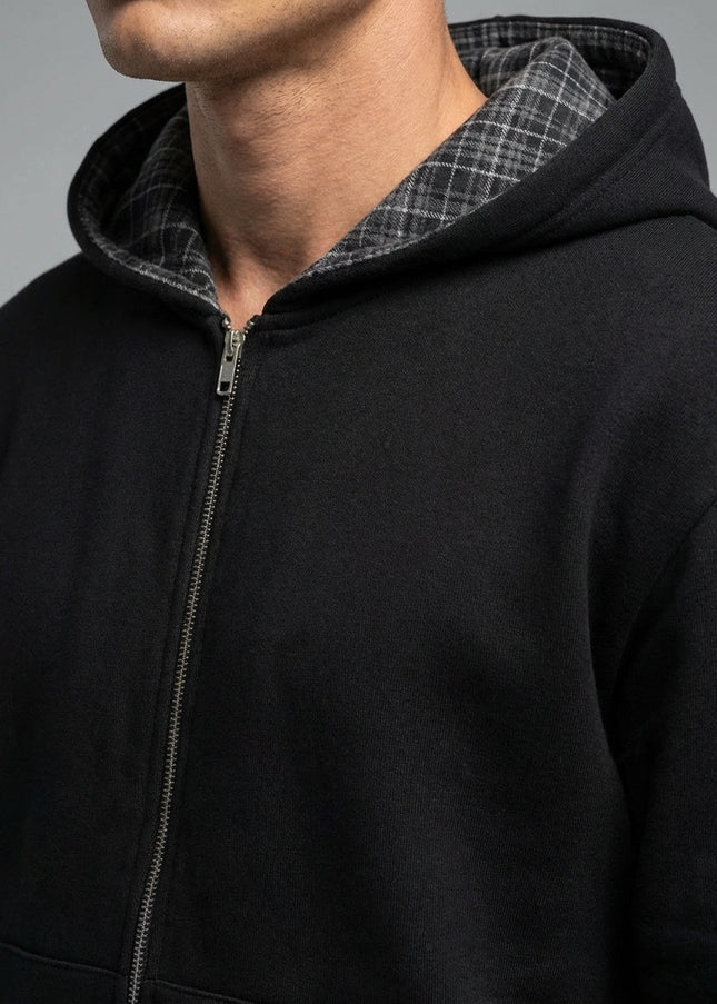 Detail shot of Contrast Plaid Boxy Zip Hoodie