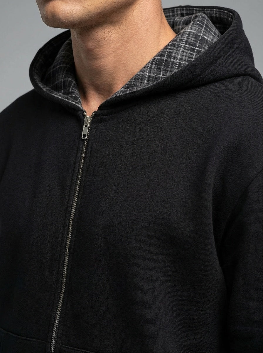 Detail shot of Contrast Plaid Boxy Zip Hoodie