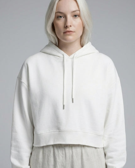 Close-up of the model wearing Essential Cropped Hoodie