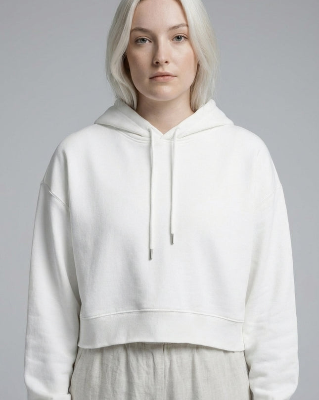 Close-up of the model wearing Essential Cropped Hoodie