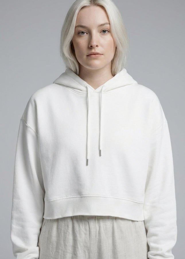 Close-up of the model wearing Essential Cropped Hoodie