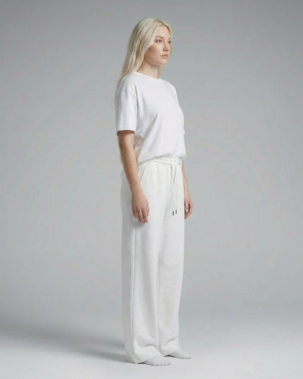 Side profile of the model wearing Essential Straight-Leg Sweatpants