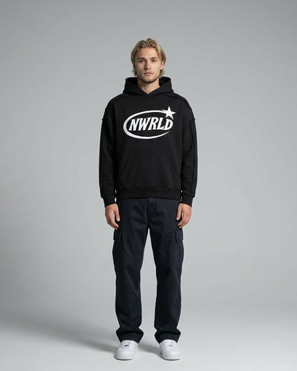 Full body view of the model wearing NWRLD 002 Contrast Tape Hoodie