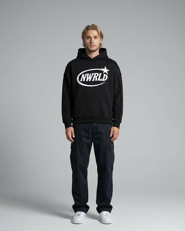 Full body view of the model wearing NWRLD 002 Contrast Tape Hoodie