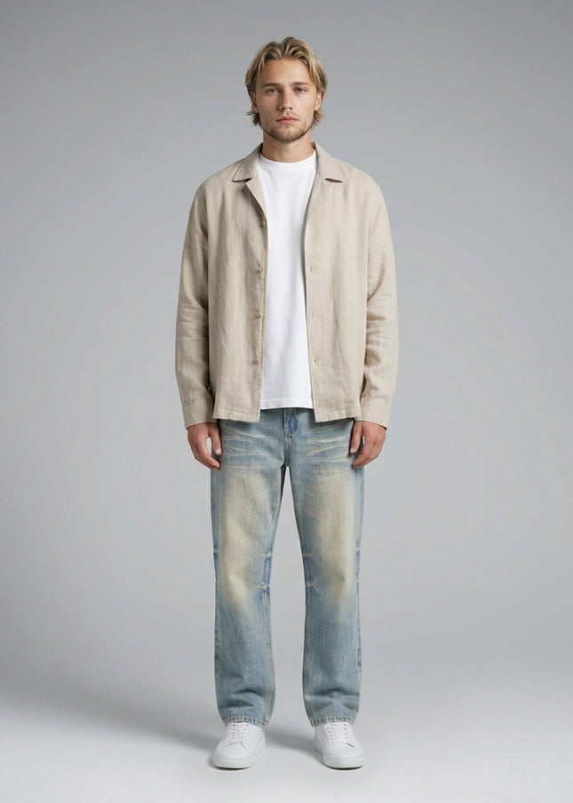 Full body view of the model wearing Sun Fade Raw Hem Denim Jeans