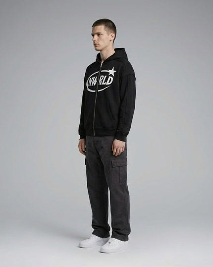 Side profile of the model wearing NWRLD 002 Contrast Tape Zip Hoodie