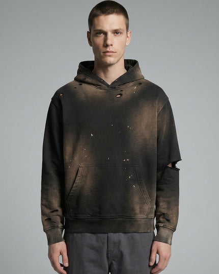 Close-up of the model wearing Sun Fade Frayed Fleece Hoodie
