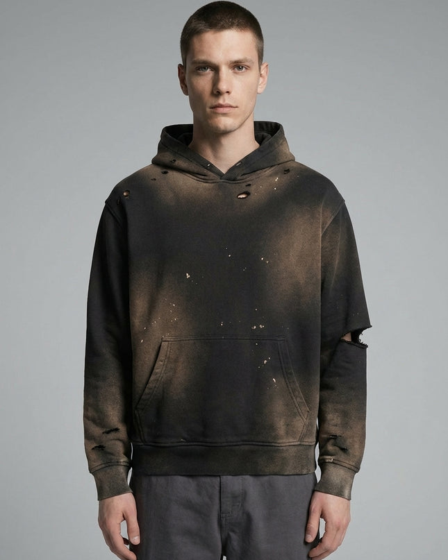 Close-up of the model wearing Sun Fade Frayed Fleece Hoodie