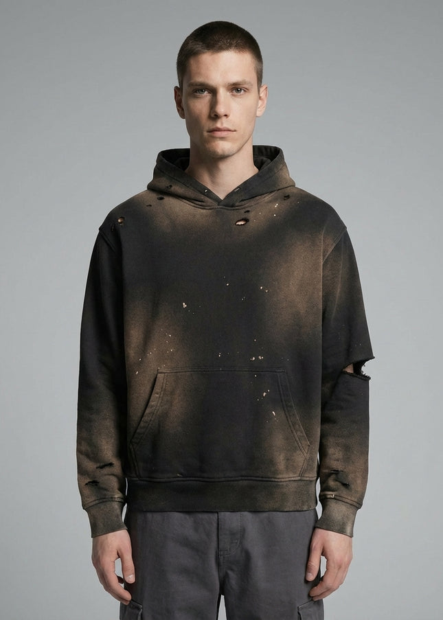 Close-up of the model wearing Sun Fade Frayed Fleece Hoodie