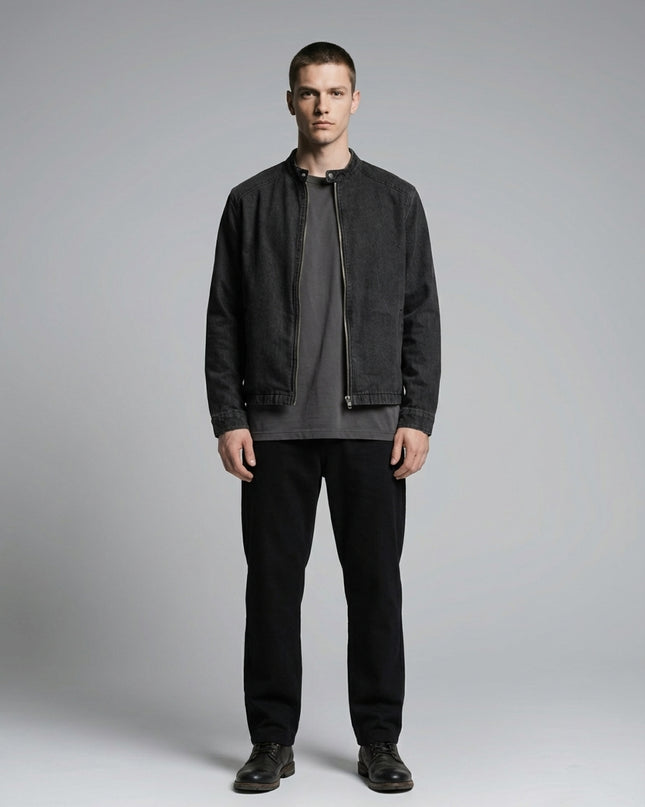 Full body view of the model wearing Denim Vintage Washed Jacket