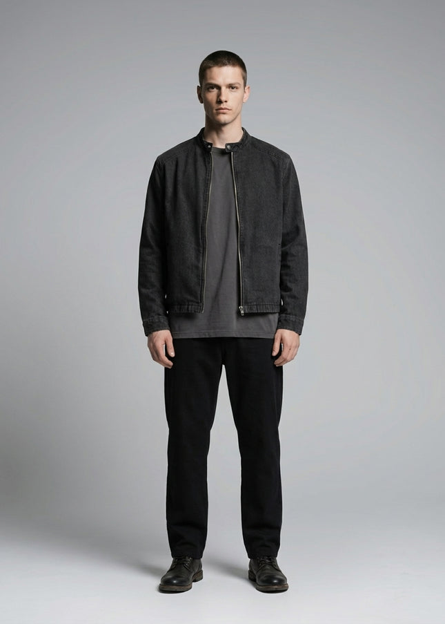 Full body view of the model wearing Denim Vintage Washed Jacket