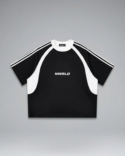 Lay-flat product shot of NWRLD 002 Contrast Panel Mesh T-shirt