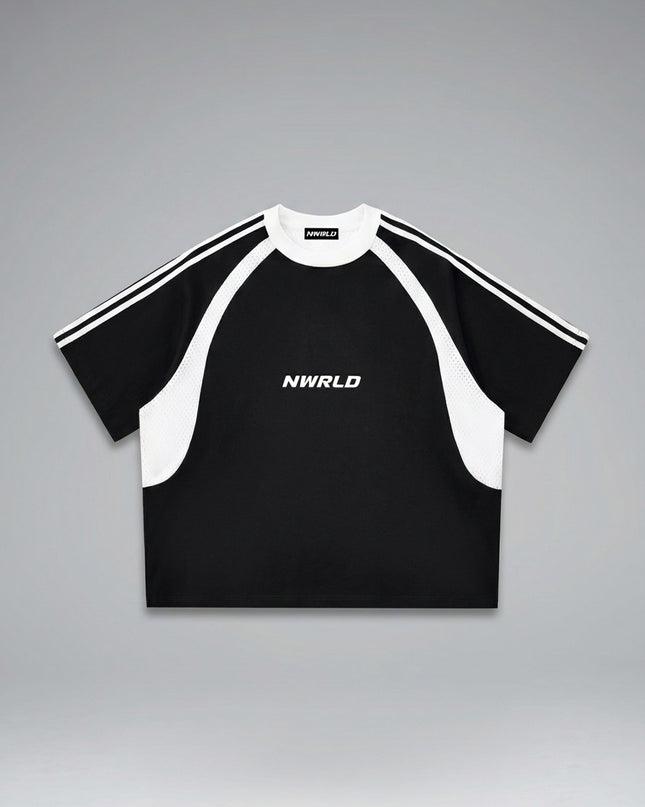 Lay-flat product shot of NWRLD 002 Contrast Panel Mesh T-shirt