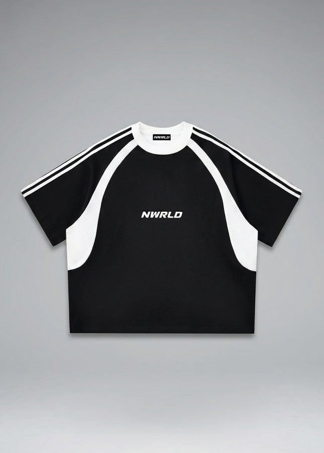 Lay-flat product shot of NWRLD 002 Contrast Panel Mesh T-shirt