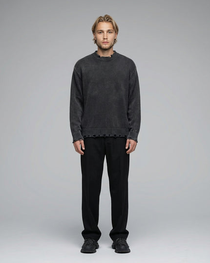 Full body view of the model wearing Vintage Washed Hand-Frayed Sweater