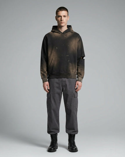 Full body view of the model wearing Sun Fade Frayed Fleece Hoodie