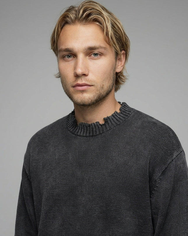Close-up of the model wearing Vintage Washed Hand-Frayed Sweater
